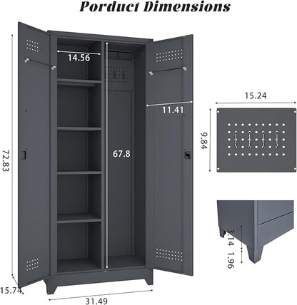 72.8" H Metal Broom Closet Storage Cabinet with 2 Doors and 4 Adjustable Shelves,Locking Storage Cabinets for Garage,Laundry Room,Grey