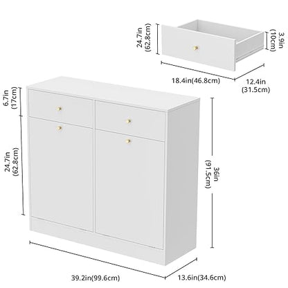 Housoul Double Tilt Out Trash Can Cabinet with 2 Drawers, Trash Storage Cabinet, Hidden Garbage Bin, Free Standing Laundry Sorter Organizer for Kitchen Dining Living Room, Bathroom, White