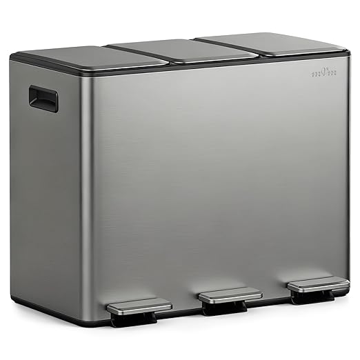 mVm 3 Compartment Trash Can, 3x4Gal Triple Step Trash Can with Double Layer Lids, Modern Kitchen Office Garbage Can（Gray）