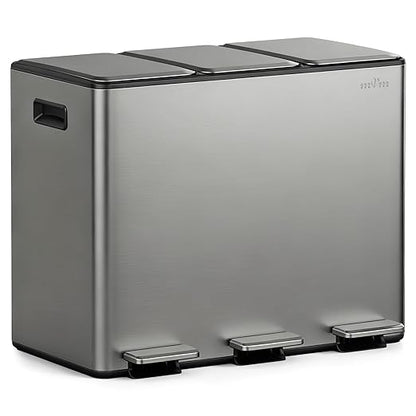 mVm 3 Compartment Trash Can, 3x4Gal Triple Step Trash Can with Double Layer Lids, Modern Kitchen Office Garbage Can（Gray）