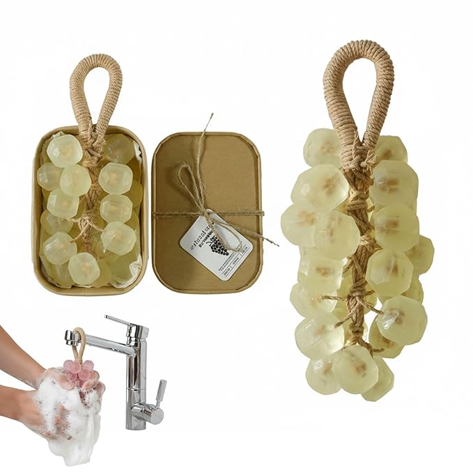 Grape Soap on a Rope Handmade, 25 Grapes Decorative Bath Bar, Soft Lather Cluster Soap for Hand, Face & Body, Multi-Use Hanging Scent Accent (1, Jasmine)
