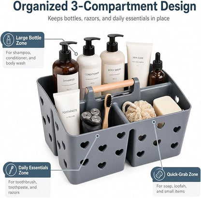 NINU Gray Portable Shower Caddy with Wooden Handle, Large Plastic Shower Basket Tote with 3 Compartments & Drain Holes, Bathroom Organizer for College Dorm, Gym, Camping, Vanity