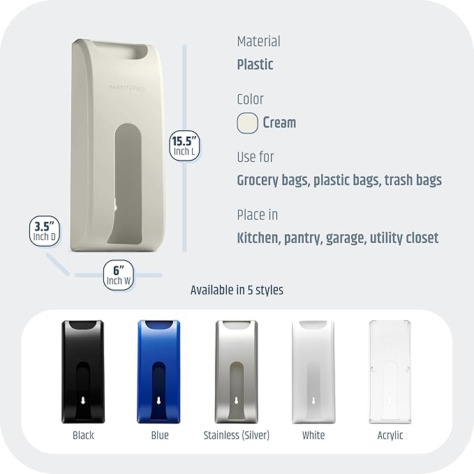 Manterio Wall Mount Plastic Bag Organizer | Durable Plastic Grocery Bag Saver | Smudge Proof, Fingerprint Resistant (Cream)