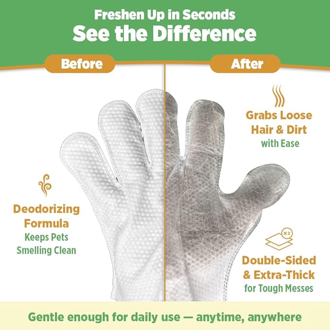 6pc. Premium Pet Glove Cleaning Wipes for Dogs & Cats | Textured, Deodorizing & Hypoallergenic Gloves with Aloe Vera & Shea Butter – Gentle, Skin-Safe Wipes for Fur, Face & Body, Odor Control