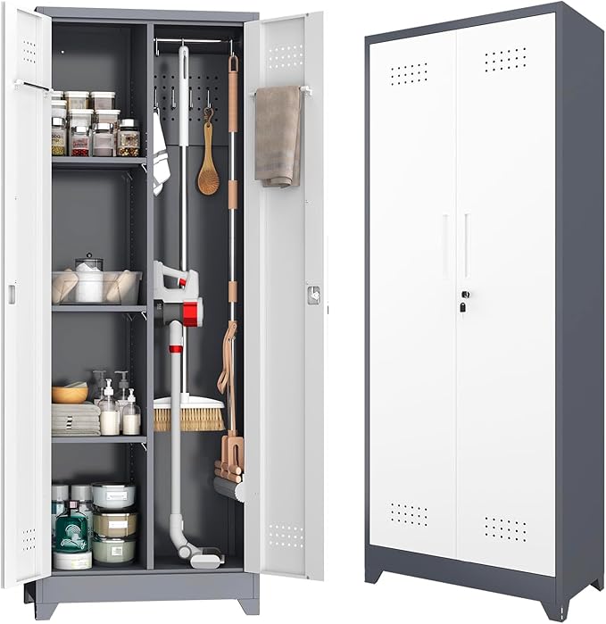Metal Storage Cabinet with Lockable Doors, 65" Steel Utility Cabinet for Garage & Home Office, Tall Broom Closet with Adjustable Shelves, Vents & Cable Hole for Tools, White/Grey