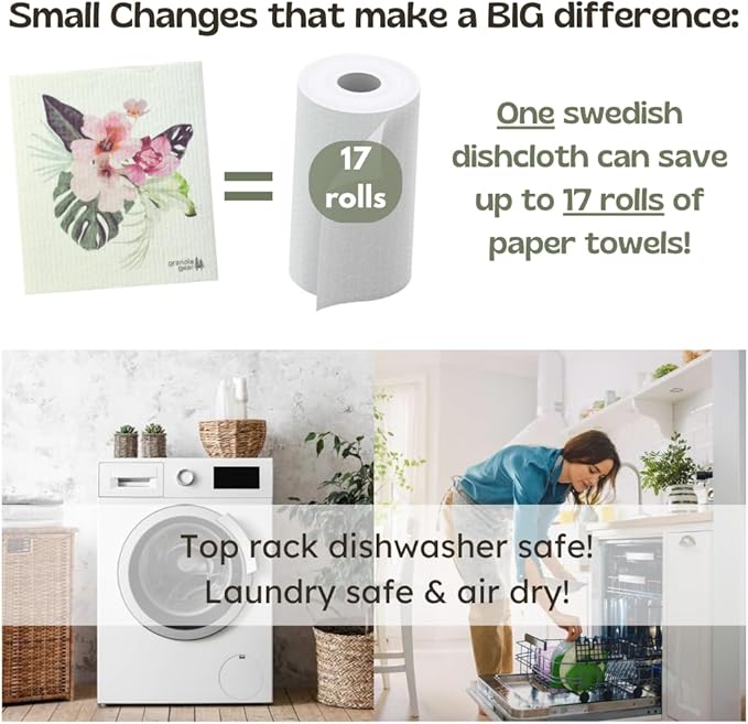 Swedish Dishcloths for Kitchen 6-Pack Reusable Paper Towels, Eco-Friendly, Compostable, Biodegradable Dish Wash Cloths, Washable Sponge, Watercolor Flower Art-Tropic Like It's Hot