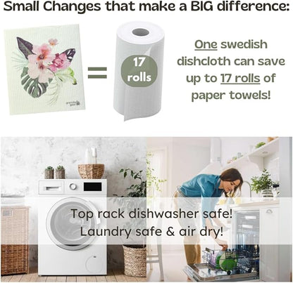 Swedish Dishcloths for Kitchen 6-Pack Reusable Paper Towels, Eco-Friendly, Compostable, Biodegradable Dish Wash Cloths, Washable Sponge, Watercolor Flower Art-Tropic Like It's Hot