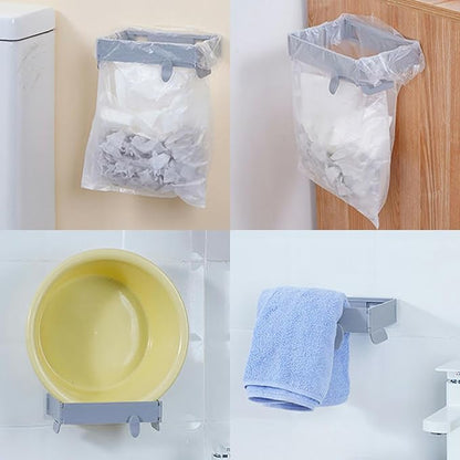 2Pcs Plastic Trash Bag Holder Rack, Folding Hanging Kitchen Trash Can, No Drill Adhesive Mounted Plastic Bag Holder, Space Saving Towel Hanger, Collapsible Garbage Can for Cabinets/Doors/Cupboards