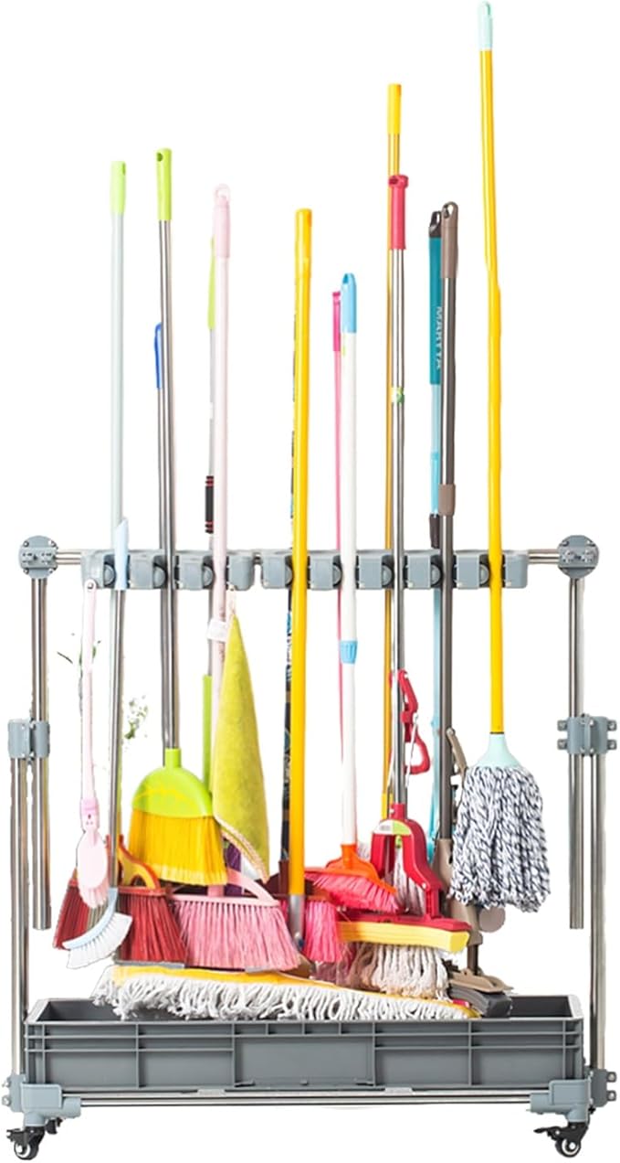 Broom and Mop Holder,Freestanding Mobile Cleaning Tool Storage Rack,Yard and Organizers,for Garden Garage Shed(16tow20hooks)