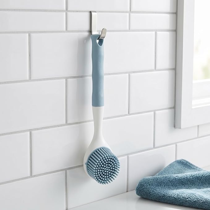 2 PCS Silicone Dishwashing Brush, Non-Stick Pot Scrubber with Long Handle, Durable Scrub Brushes for Cleaning Dishes, Cast Iron Pans, Sinks and Kitchen Cookware, Heat Resistant Cleaning Tool