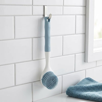 2 PCS Silicone Dishwashing Brush, Non-Stick Pot Scrubber with Long Handle, Durable Scrub Brushes for Cleaning Dishes, Cast Iron Pans, Sinks and Kitchen Cookware, Heat Resistant Cleaning Tool