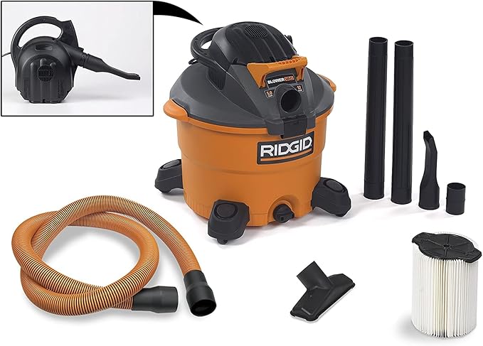 RIDGID Wet Dry Vacuums VAC1200 Heavy Duty Wet Dry Vacuum Cleaner and Blower Vac, 12-Gallon, 5.0 Peak Horsepower Detachable Leaf Blower Vacuum Cleaner with Pro-Grade Hose