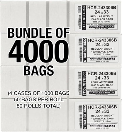 Aluf Plastics High Density Trash Bags, 16 Gallon, 4000 Count, 6 Micron (eq), 24" x 33", Black, for Bathroom, Office, Industrial, Commercial, Janitorial, Municipal, Recycling
