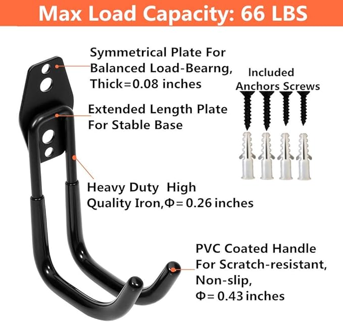 Heavy Duty Garage Storage Utility Double Hooks, Wall Mount Tool Holder Organizer with Anti-Slip Coating (4 Pack Black 4.2" Large Round J Hook)