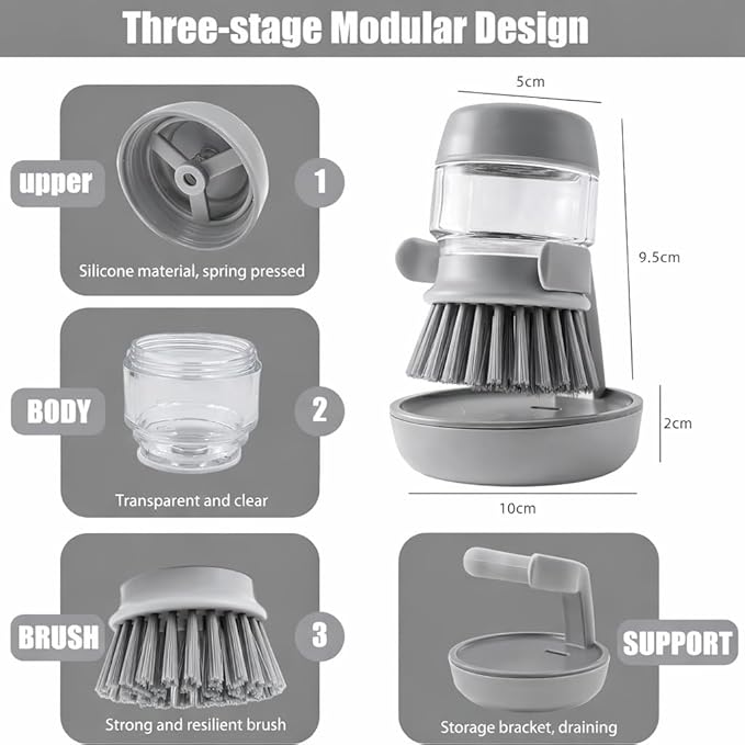 Soap Dispensing Dish Scrubber Brush with Storage Bracket - Replaceable Palm Brush for Kitchen Pot, Pan and Sink Cleaning, Drainage Base, Dish Washing Brush, Kitchen Brush for Cleaning