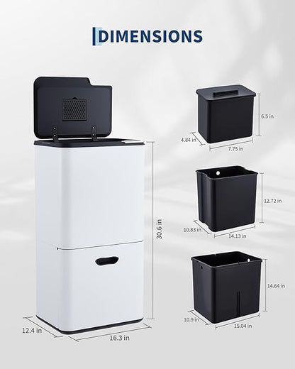 GarveeHome 16 Gallon Dual Trash Can for Kitchen, 2 Compartment Stainless Steel Garbage Can, 33L+28L Kitchen Recycling Bin with Compost Caddy, Removable Inner Bucket & Odor Control, White