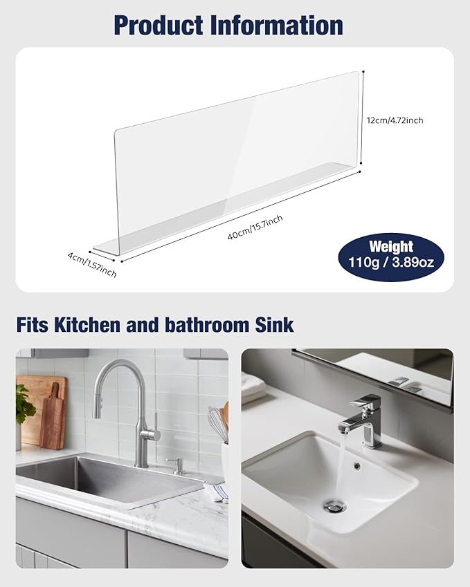 Acrylic Sink Splash Guard, Highly Transparent Fixed Splash Guard for Kitchen Island & Bathroom（15.8"L x 1.6"W x 4.7"H）