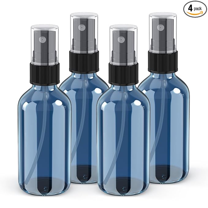 Wedama 2 oz Mini Glass Spray Bottles, Empty Small Spray Bottles with Funnel Dropper, Fine Mist for Hair, Travel, Plants, Cleaning Solutions and Skin Care (4 Pack Indigo Blue)