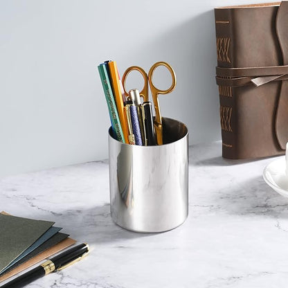2 Packs Silver Round Stainless Steel Pen Holder,Minimalist Mini Metal Vase,Desktop Stationery Organizer,Vacuum Plating Makeup Brush Holder