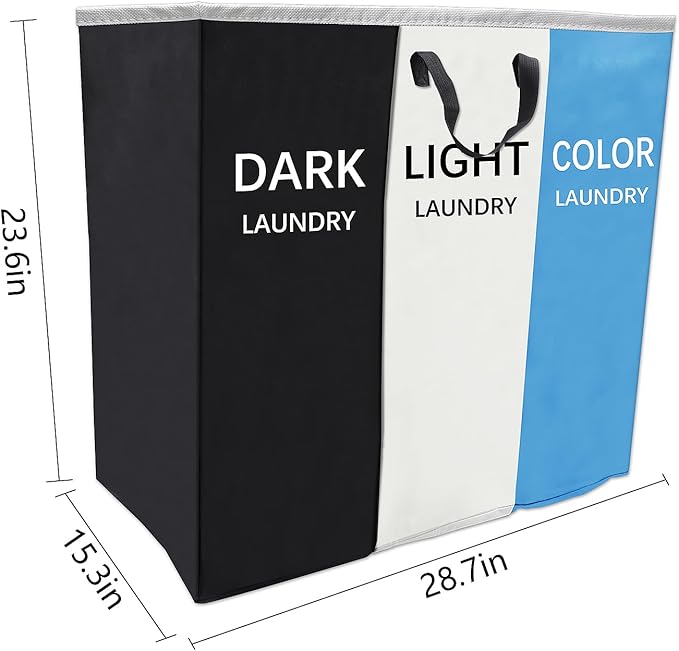 168L Laundry Hamper, Large Blanket Storage Basket Sorter 3 Section Bag Organizer for Dirty Clothes - Toys - Towel,15 X 23 X 28 inch Heavy Duty Laundry Cart Baskets (Black white blue bag)