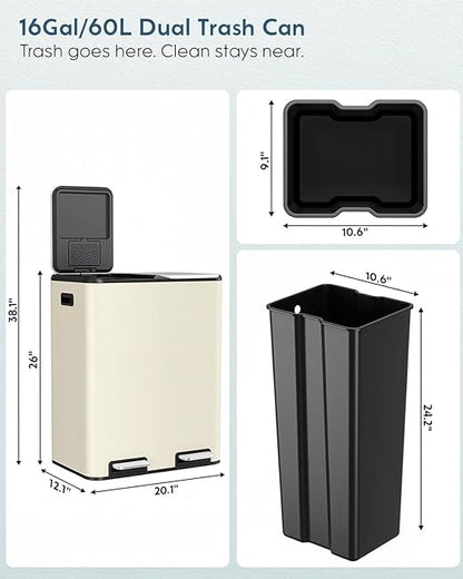 Arlopu 16Gal Dual Trash Can w/2 Built-in Box for Odor Control, Hands-Free Kitchen Garbage Bin, Recycle Waste Dustbin, Soft-Close Lid, 2 Buckets,Foot Pedal, Side Handle, Airtight,for Home (Beige)