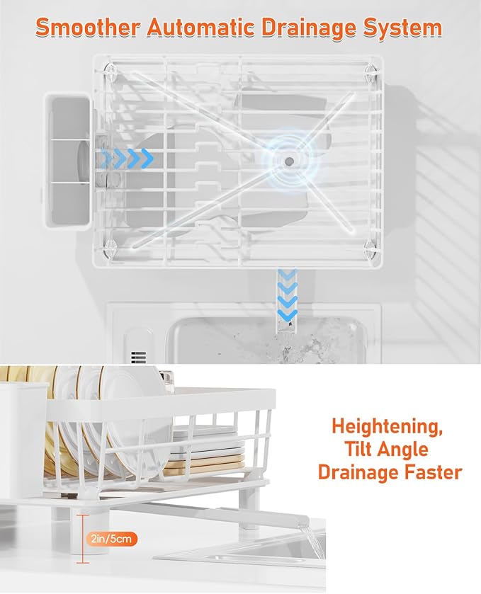 Dish Drying Rack for Kitchen Counter, Multifunctional Dish Rack with 360° Adjustable Spout, Kitchen Organizers and Storage with Cutlery Holder, White