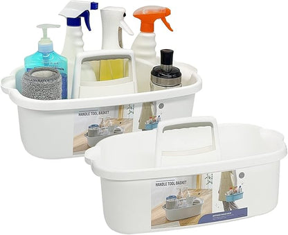 Goderewild 2 Pack Multi-Purpose Plastic Cleaning Caddy with Handle, Shower Caddy Organizer/Storage Basket/Totes Portable for Bathroom Supplies, Cleaning Products, Under Sink Tool, Housekeepers(White2)