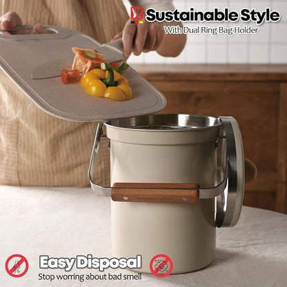 WAGENSTEIGER Kitchen Countertop Compost Bin 101ounces / 3Liters, Airtight Lid SUS304 Stainless Steel Odor-Free Food Waste Bin with Wooden Handle Stylish Design Bathroom Trash Can (Off-White)