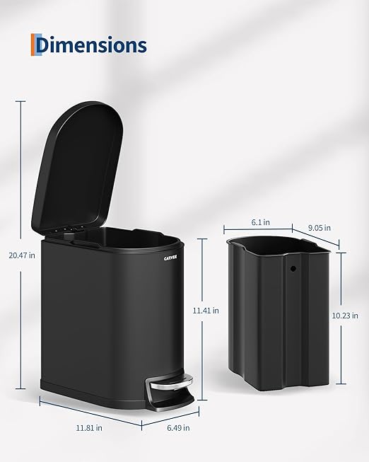 Garvee 1.6 gal / 6L Metal Bathroom Trash Can with Lid, Slim Waterproof Garbage Can for Bedroom, Small Step-on Trash Bin with Inner Bucket, Rear Handle, Soft Close Lid, Black