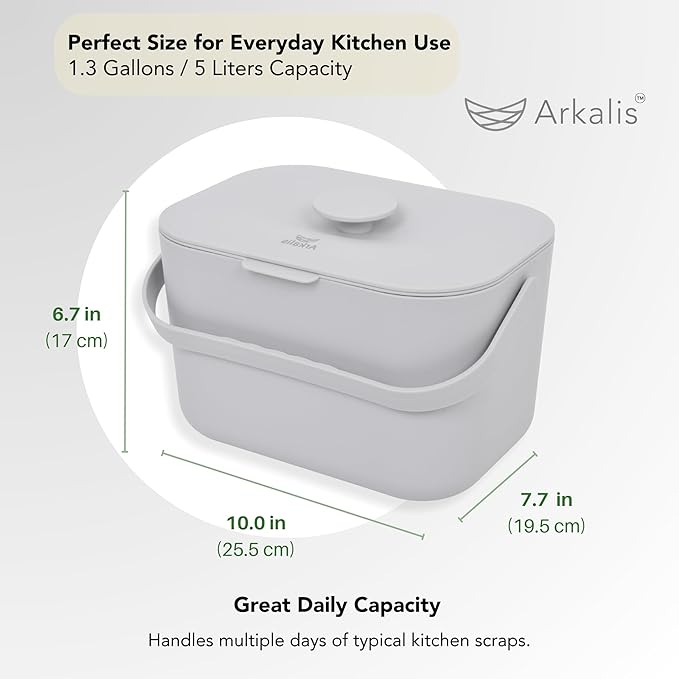 Kitchen Compost Bin – 1.3 Gallon Countertop Compost Bin with Lid, Odor-Blocking, No Charcoal Filters Needed, Indoor Compost Bin with Removable Basket, Easy Clean
