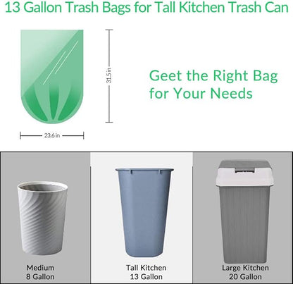 Jaoul Trash Bags 13 Gallon, Small Garbage Bags, Strong & Unscented Trash Bags for Kitchen, Bathroom, Office, Restroom, Car, Green, 60 Counts