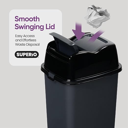 Garbage Cans with Swing Top-Split Lids | Large Kitchen Trash Cans with Lids | Durable Plastic |Slim & Sturdy Trash Bins | Fingerprint Resistant | 13 Gallon / 50 qt / 50 L - Grey/Black | Superio
