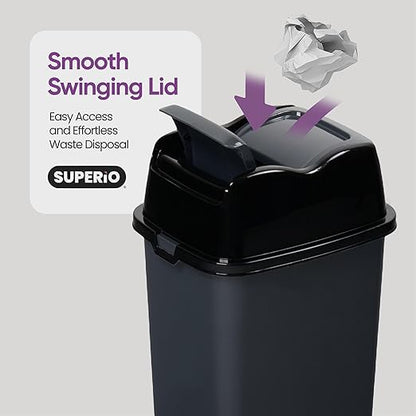 Garbage Cans with Swing Top-Split Lids | Large Kitchen Trash Cans with Lids | Durable Plastic |Slim & Sturdy Trash Bins | Fingerprint Resistant | 13 Gallon / 50 qt / 50 L - Grey/Black | Superio