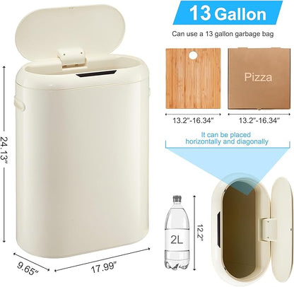 OUTLANE Touchless Motion Detector Kitchen Trash Can - 13 Gallon/50L Slim Garbage Bin - Soft-Close Lid - Smart Design - for Kitchen, Bathroom, Office - Beige, One Size