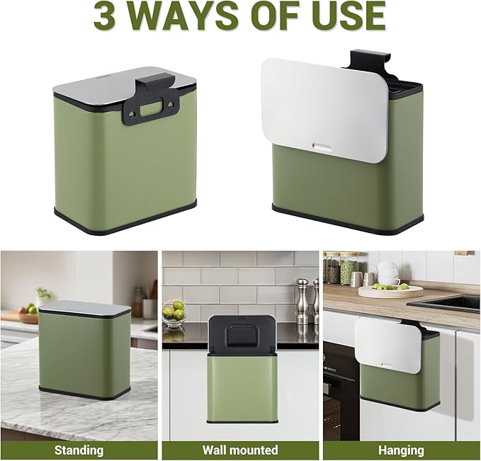 GarveeHome 1.3 gal/5L Countertop Compost Bin with Lid, Hanging Small Trash Can with Odor Control Charcoal Filter ＆ Bucket Under Sink for Kitchen, Hanging/Wall Mounted/Standing Food Waste Bin, Green