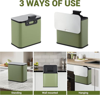 GarveeHome 1.3 gal/5L Countertop Compost Bin with Lid, Hanging Small Trash Can with Odor Control Charcoal Filter ＆ Bucket Under Sink for Kitchen, Hanging/Wall Mounted/Standing Food Waste Bin, Green