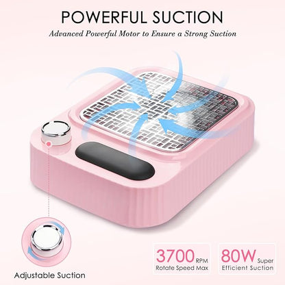 Pink Nail Dust Collector with Reusable Filter for Acrylic Gel Nails, Power Nail Vacuum Cleaner Dust Catcher Adjustable Dust Sucker for Nails Manicure Pedicure at Home Nail Salons
