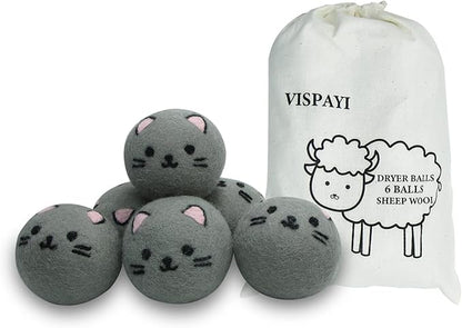 Dryer Balls Laundry Reusable - XL Wool Dryer Balls - Handmade Cute, Extra Large Dryer Balls, Shorten Drying Time, Organic Wool - Dry 1000+ Loads (Gray Cat)