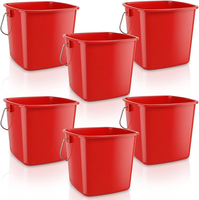 6 Pcs 3 Quart Small Bucket Square Detergent Sanitation Bucket Plastic Small Cleaning Pail with Handles Stackable Utility for Home, Office, Kitchen, School, Commercial Use, Food Service（Red）