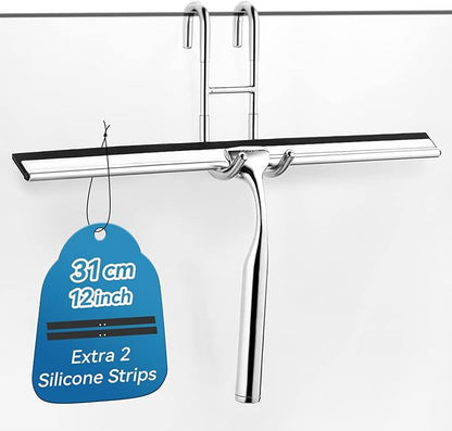ecooe Silicone Shower Squeegee with Hanger, Shower Glass Cleaner Wiper, Black Window Squeegee Scraper with Stainless Steel Core for Home Bathroom Kitchen Car Glass Doors