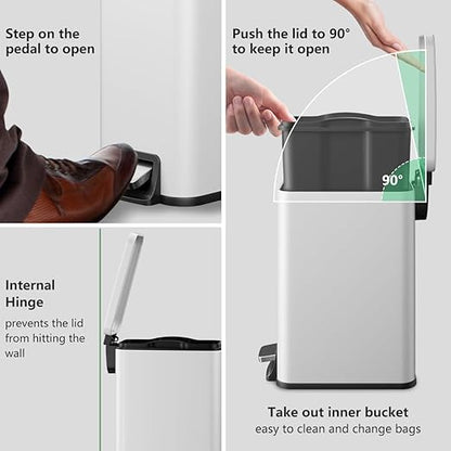 Slim Bathroom Trash Can with Lid Soft Close, 1.6 Gallon Stainless Steel Garbage Can with Removable Inner Bucket, Durable Step Pedal, Small Trash Bins for Toilet, Bedroom, Kitchen, Office