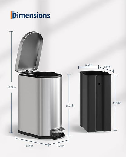 Garvee 2.6 Gallon / 10L Slim Stainless Steel Bathroom Trash Can with Lid, Step-On Pedal, Soft Close, Inner Bucket, Waterproof Small Garbage Bin for Bedroom, Silver