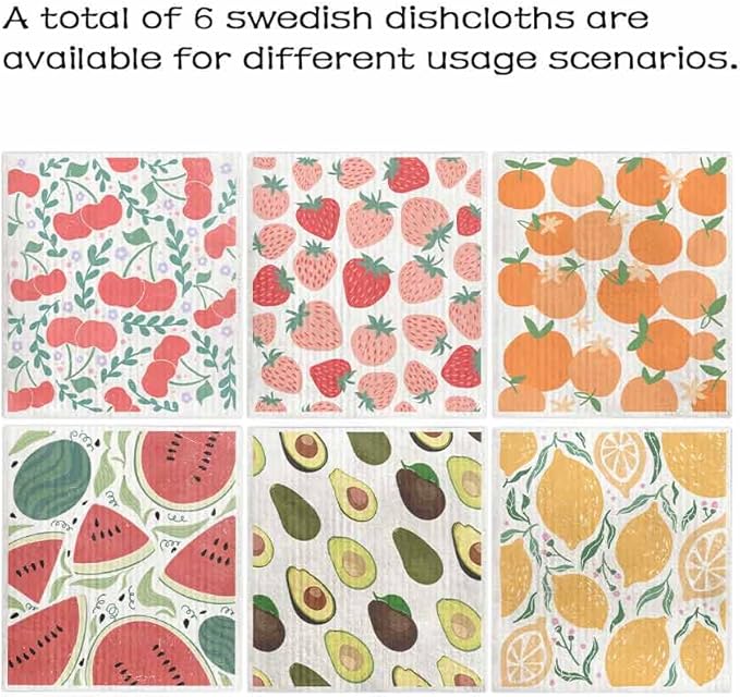 Swedish Dishcloths for Kitchen – 6 Pack Cellulose Reusable Cleaning Paper Towels – Soft, Quick-Drying, Washable Dish Rags for Kitchen, Counters & More (Fruit)