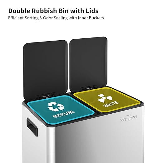 mVm Kitchen Trash Can, 16(2x8) Gal Dual Compartment Recycle Bin, Stainless Steel Garbage Bin for Home Kitchen Office (Silver)