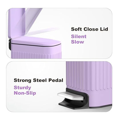 TrashAid Slim Bathroom Trash Can with Lid Soft Close, 6 Liter/1.6 Gallon Stainless Steel Small Garbage Can with Removable Inner Bucket, Step Pedal, Slim Wastebasket for Toilet, Office, Bedroom, Purple