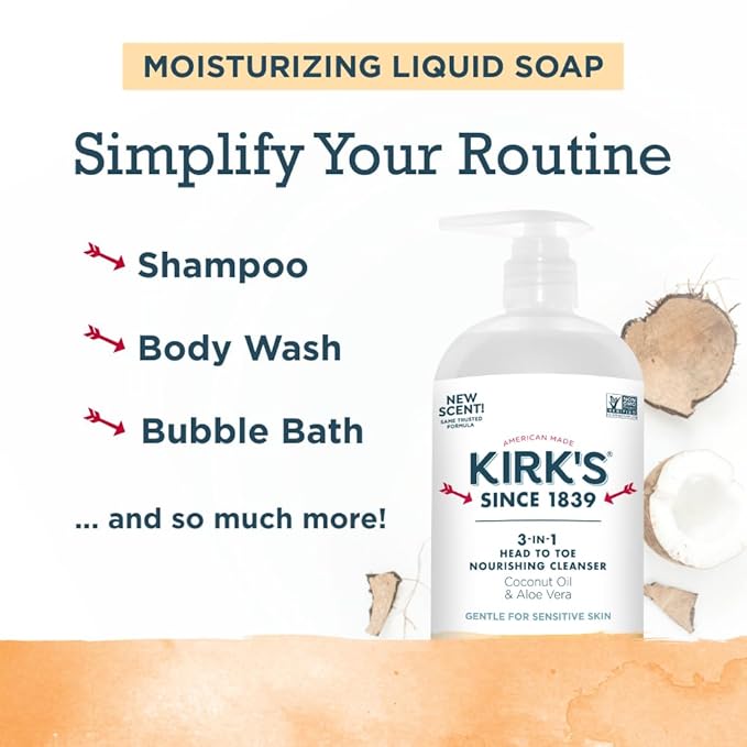 Kirk's Citrus Twist 3-in-1 Nourishing Cleanser, Shampoo Body Wash Bubble Bath, Coconut Oil and Aloe Vera, Vegan Non-GMO, 32 Fl Oz