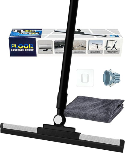 Heavy Duty Floor Squeegee for Concrete Floor– 14.2” Rubber Broom with Cloth Clip Design, 52” Extendable Window Cleaner, Squeegee Broom for Floor, Bathroom, Garage, Tile,Patio &Shower