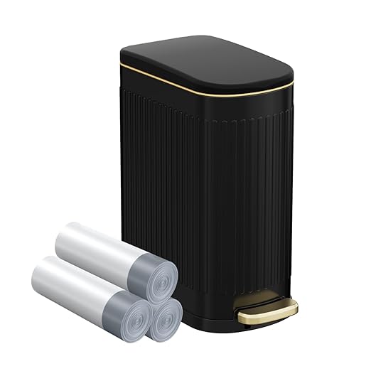 KSSKSS 2.6 Gallon Slim Bathroom Trash Can with Soft Close Lid, 10L Stainless Steel Garbage Can with Removable Liner Bucket, for Narrow Spaces, Bathroom, Bedroom (Matt Black)