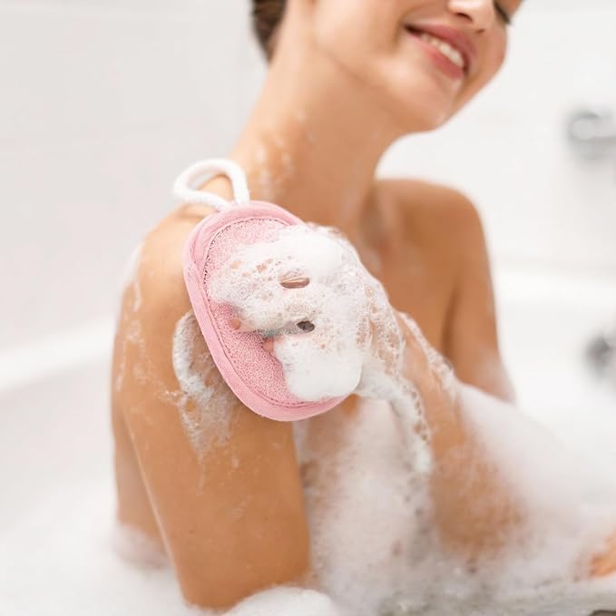 Sunnyray 4 Pcs Bath Body Exfoliating Soap Saver, Exfoliator Scrubber Pouch, Bath Loofah Sponge Body Scrubber Shower Sponge Exfoliating Mesh Pouf for Women and Men Bathing (Pink)