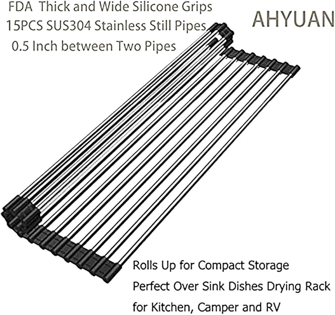 Ahyuan Roll up Dish Drying Rack Over The Sink Kitchen Roll up Sink Drying Rack Portable Dish Drainer Foldable Dish Drying Rack (Black, 17.8''X11.8'')